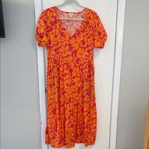 J. Crew Orange and Pink Floral Midi Dress